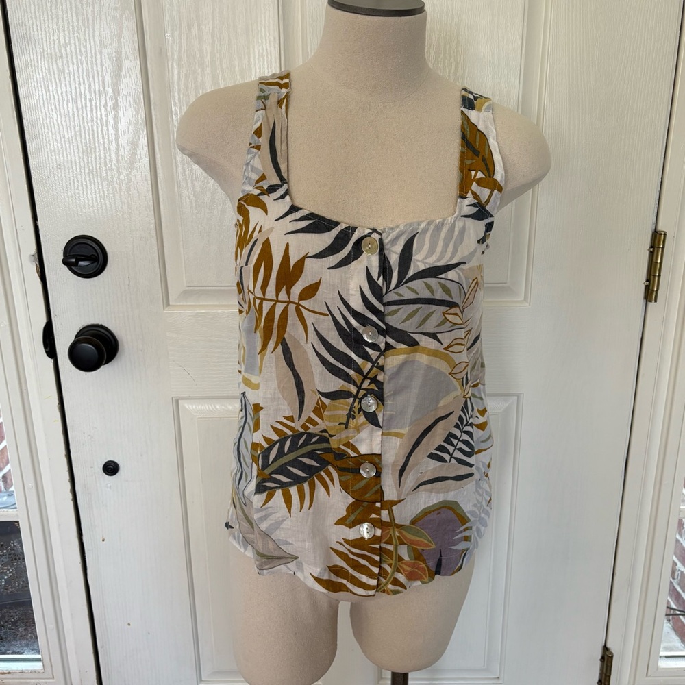 C & C 100% Linen Tropical Print Button-Up Tank Top Size M